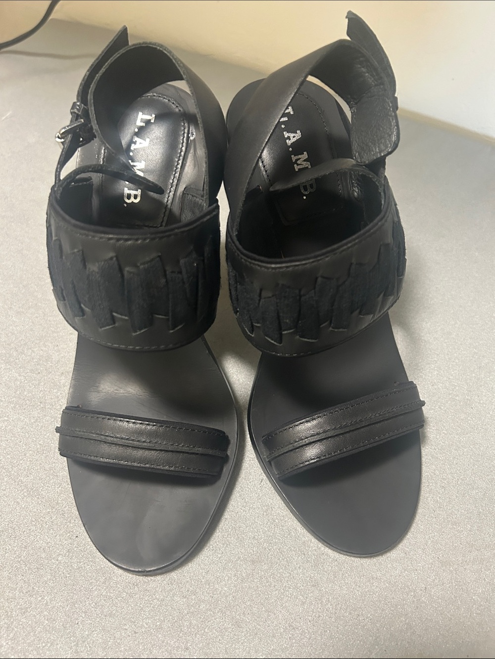 L.A.M.B. Black /white  Leather Ankle-Strap Heels